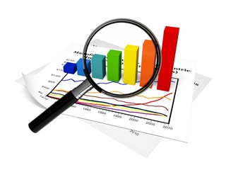 Finance. 3D. Financial data and magnifying glass, isolated on