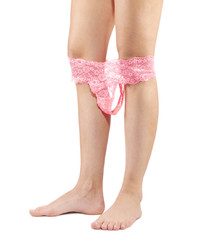 Beautiful female legs in high hells shoes with pink lace panties