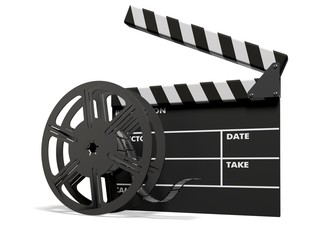 Movie. 3D. Film slate and camera tape