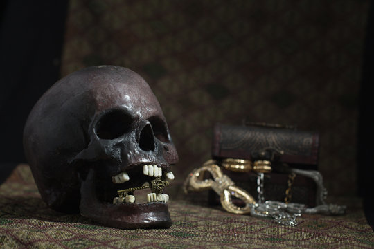 Still Life skull and small box with treasures on a fabric backgr
