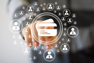 Businessman hand press button credit card icon web.