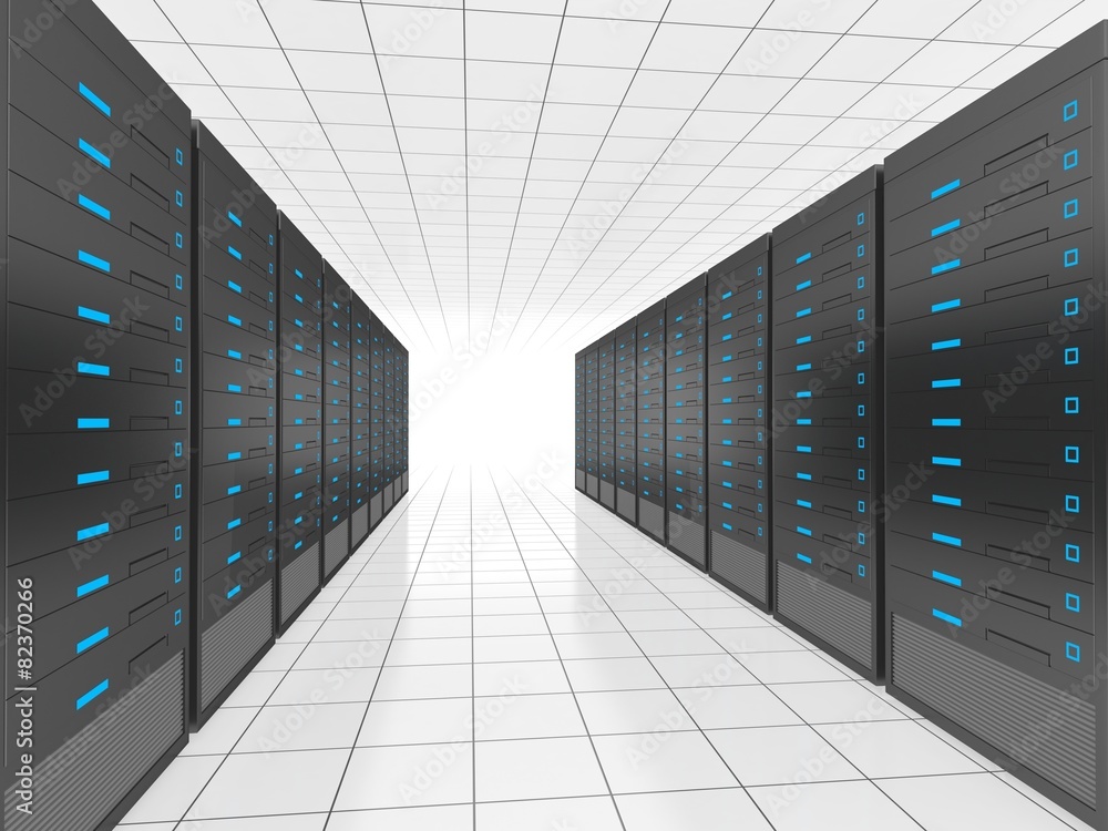 Poster network server. 3d. computer servers in perspective