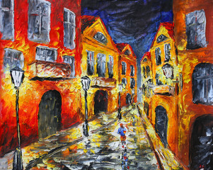 Naklejki  Oryginalny obraz olejny. Samotna deszczowa nocna ulica
