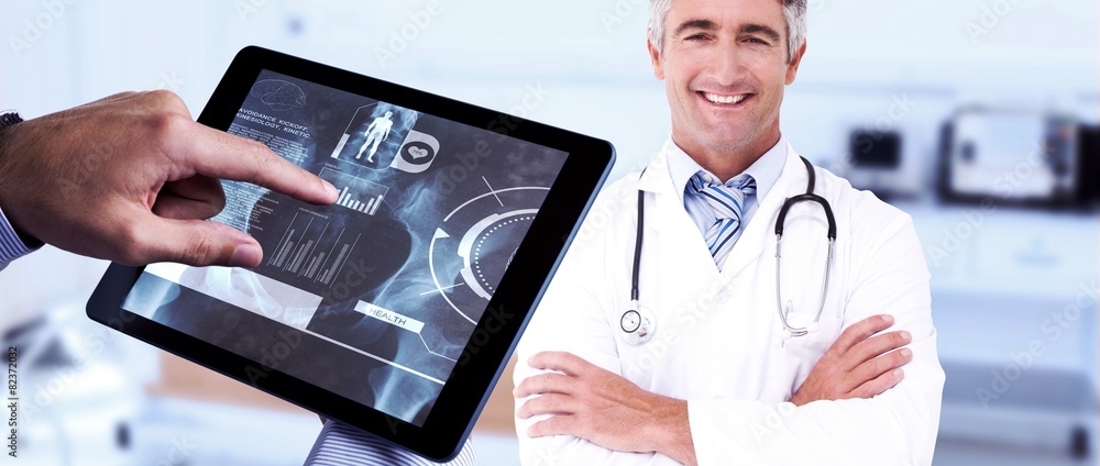 Poster composite image of man using tablet pc