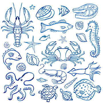 Watercolor set of seafood