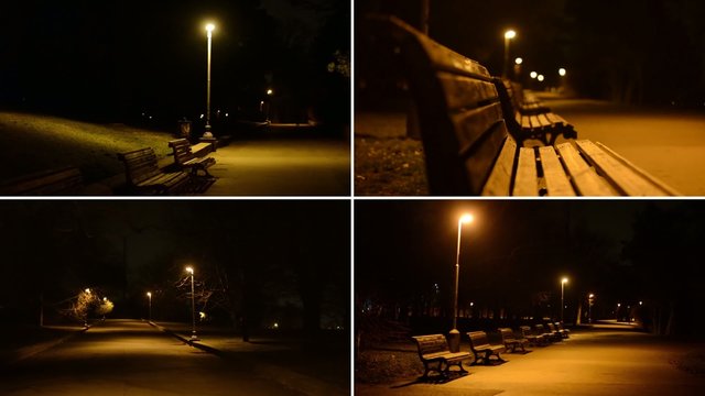 MONTAGE - night park - benches and lamps