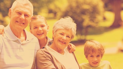 Fototapeta premium Smiling senior couple and grandchildren at park
