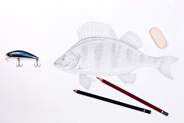 Fishing plastic bait with drawing fish. Graphite pencils and era