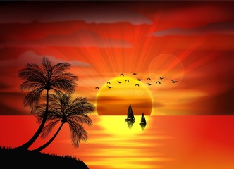 Photo of sunrise on sea and sea boat. vector illustration