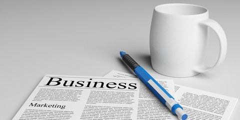 Office. 3D. Newspaper, Pen and Cup