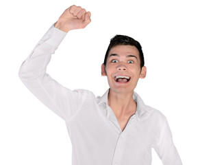 Young man winner hand up