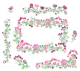Vector set floral frame, birds and design elements  pink and gre