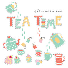 Tea time doodle illustration pastel color vector