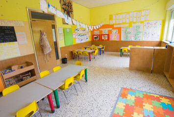 classromm of kindergarten with tables and chairs