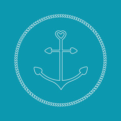 Anchor in shapes of heart. Round rope frame label icon Blue Flat