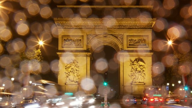 Arch of Triumph rain at night, Paris, France, Traffic time lapse HD pan
