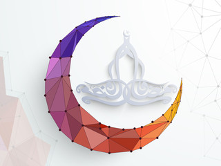 Crescent moon with arabic text for Ramadan Kareem celebration.