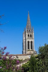 The bell tower of the monolithic church in Saint Emilion, near B