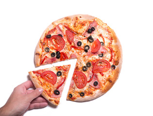 Male hand picking tasty pizza slice