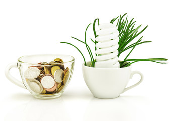 Energy-saving lamp, money, grass, cup, concept