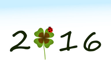 2016 greeting card with shamrock leaf and ladybird