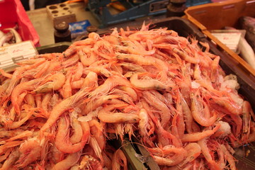 Ein Berg aus Garnelen am Fischmarkt in Split (Dalmatien)