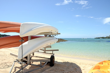 Kayaks in stack, Onnna beach, Okinawa, Japan