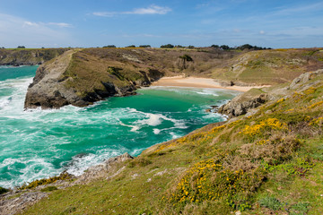 Plage d'Herlin sur la côte sauvage par une journée ensoleillée depuis le GR340 - Belle Île en...