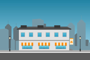 Cityscape with restaurant building. Flat illustration.