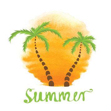Palm trees against the watercolor sun. Vector logo.