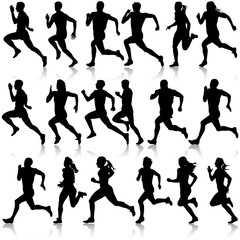 Set of silhouettes. Runners on sprint, men. vector illustration.