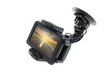 Gps, satellite navigation device, dashboard holder car mount isolated on white with clipping path. Portable gadget for navigator to search, display guidance, information, positioning and route on map.