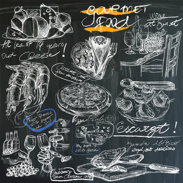 gourmet food - hand drawings on blackboard, pack