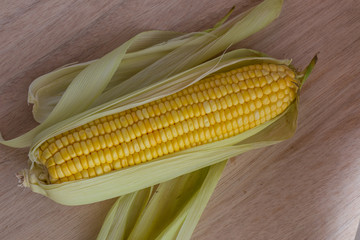 Corn cobs on wood background