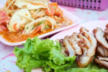 Thai food, Grilled pork neck and Papaya salad