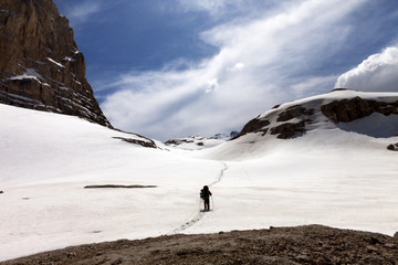 Hiker on snow plateau