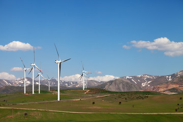 Wind farm at sun spring day