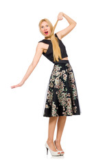 Woman in floral dark skirt isolated on white