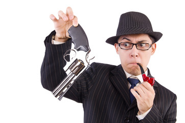 Funny gentleman in striped suit isolated on white