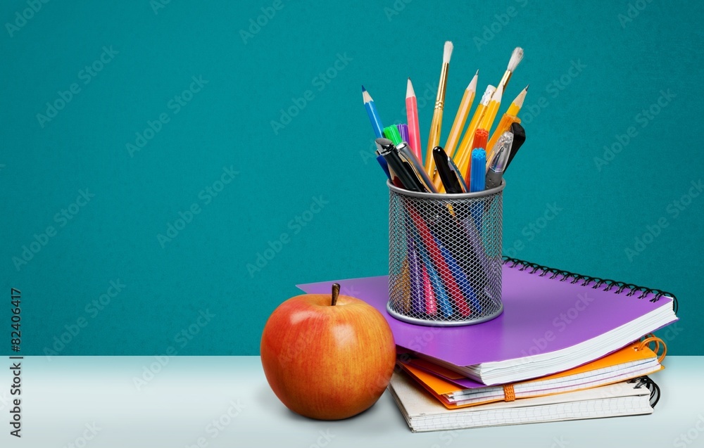 Poster School. Pencil box with school equipment