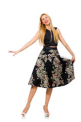 Woman in floral dark skirt isolated on white