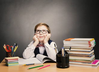 School Child Boy in Glasses Think Classroom, Kid Book Education