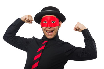 Young man with red mask isolated on white