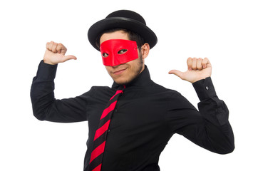 Young man with red mask isolated on white