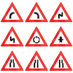 Collection of Austrian Warning signs about curves, roundabout, priority and narrow roads