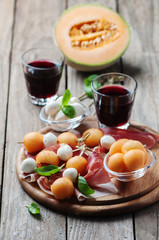 Healthy appetizer with melon, ham and mozzarella