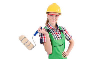 Funny woman painter in construction concept isolated on white
