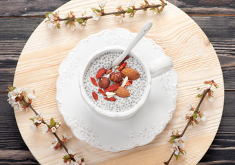 Chia seed pudding with nuts and goji berries