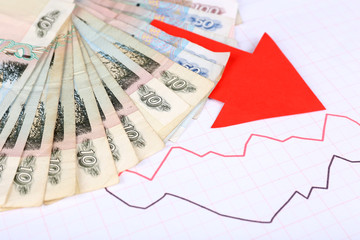 Money and red arrow on graph document close up
