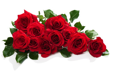 Obraz premium Red roses with green leaves